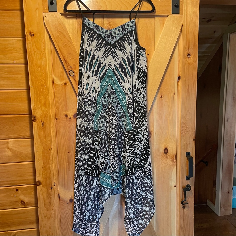 Black & Teal Printed Spaghetti Strap Midi Dress, handkerchief hem, NWT, size M